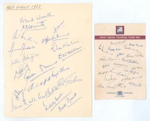 West Indies tour of England 1963. Paper page with handwritten heading &lsquo;West Indies 1963&rsquo; very nicely signed by all seventeen members of the touring party to England. Signatures are Worrell (Cpt), Hunte, McMorris, Nurse, Butcher, Solomon, Sobers, Allan, Ha