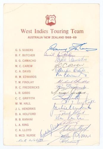 West Indies tour to Australia and New Zealand 1968/69. Rare official autograph card with printed title and players&rsquo; names. Signed to the card by all seventeen playing members of the touring party. Players&rsquo; signatures are Butcher, Camacho, Carew, Davis, Ed