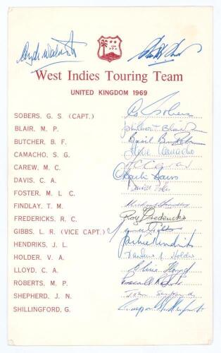 &lsquo;West Indies Touring Team United Kingdom 1969&rsquo;. Official autograph card with printed title and players names, signed in blue ink by all fifteen of the touring party plus Walcott (Manager) and Short (Treasurer). Players&rsquo; signatures are Sobers (Captain), Bl