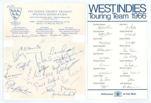 West Indies tour of England 1966. Sussex County Cricket Welfare Association headed paper very nicely signed by all seventeen members of the touring party to England. Signatures are Garry Sobers (cpt), Hunte, Allan, Brancker, Butcher, Carew, Cohen, Gibbs, 