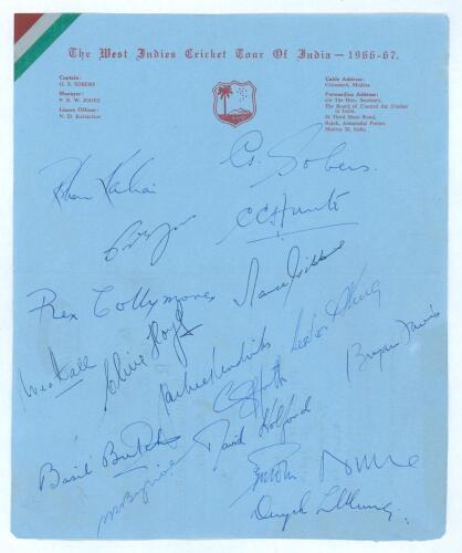 West Indies tour of India 1966/67. Official autograph sheet, on airmail thin paper, signed by all sixteen members of the touring party plus the manager Prior Jones. Signatures are Sobers (Cpt), Hunte, Bynoe, Kanhai, Butcher, Nurse, Lloyd, David, Hendriks,