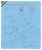 West Indies tour of India 1966/67. Official autograph sheet, on airmail thin paper, signed by all sixteen members of the touring party plus the manager Prior Jones. Signatures are Sobers (Cpt), Hunte, Bynoe, Kanhai, Butcher, Nurse, Lloyd, David, Hendriks,