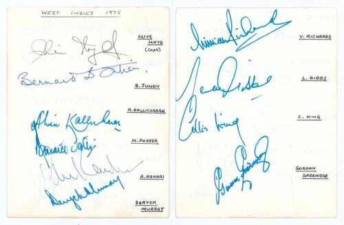 West Indies &lsquo;World Cup&rsquo; 1975. Two album pages, one signed back to back by all fourteen members of the World Cup squad plus the manager Clyde Walcott. Players&rsquo; signatures are Lloyd (Cpt), Boyce, Holder, Richards, Kallicharran, Gibbs, Foster, Roberts, Fred