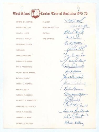 West Indies tour to Australia 1975/76. Rare official autograph sheet with printed title and players&rsquo; names. Nicely and fully signed by all nineteen members of the touring party.