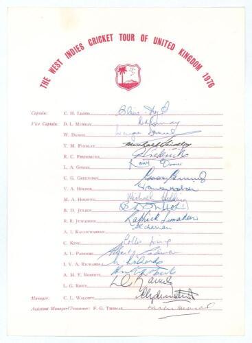 West Indies 1976. Official autograph sheet for the West Indies tour of the United Kingdom 1976. Signed in ink by all nineteen members of the party including management. Signatures include Lloyd, Kallicharran, Greenidge, Holding, King, Richards, Roberts, R