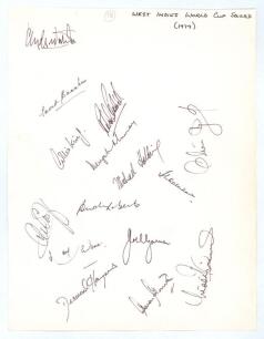West Indies &lsquo;World Cup&rsquo; 1979. Paper page signed by all fourteen members of the World Cup squad plus the manager Clyde Walcott. Players&rsquo; signatures are Lloyd (Cpt), King, Bacchus, Garner, Greenidge, Haynes, Holding, Kallicharran, Murray, Richards, Roberts