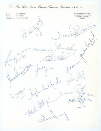 West Indies tour to Pakistan 1980/81. Official &lsquo;West Indies Cricket Team in Pakistan 1980-81&rsquo; autograph sheet nicely and fully signed in ink by fifteen members of the touring party including Jackie Hendriks, the tour manager. Signatures are Lloyd (Cpt), R