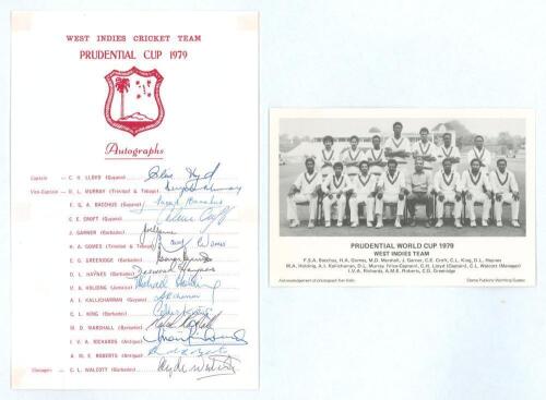&lsquo;West Indies Cricket Team Prudential [World] Cup 1979&rsquo;. Official autograph sheet with printed title and players&rsquo; names, nicely signed in ink by all fifteen listed members of the West Indies touring party. Signatures are Lloyd (Captain), Murray, Bacchus, C