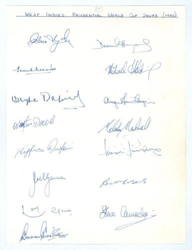 West Indies &lsquo;World Cup&rsquo; 1983. Sheet with handwritten title and signed in ink by all fifteen members of the squad. Signatures are Lloyd (Cpt), Richards, Bacchus, Dujon, Garner, Gomes, Greenidge, Haynes, Holding, Logie, Daniel, Marshall, Roberts, Davis and 