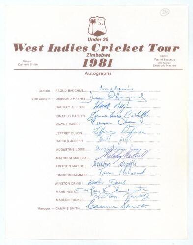 West Indies Under 25 tour to Zimbabwe 1981. Official autograph sheet with printed title and player&rsquo;s names, nicely and fully signed by the fifteen members of the West Indies touring party. Signatures are Bacchus (Captain), Haynes, Alleyne, Cadette, Daniel