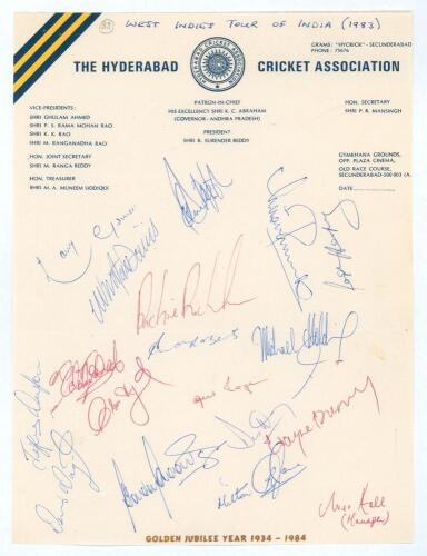 West Indies tour of India 1983/84. Official &lsquo;Hyderabad Cricket Association&rsquo; autograph sheet signed in ink by all eighteen members of the touring team. Signature include Lloyd (cpt), Richards, Dujon, Richardson, Roberts, Holding, Haynes, Davis, Gomes, Harp