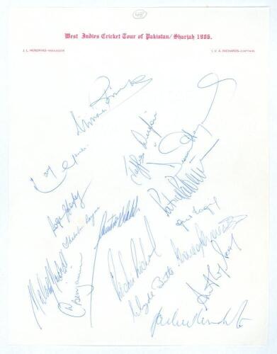 West Indies tour of Pakistan and Sharjah 1986. Very rare official autograph sheet with printed title, very nicely signed in ink by sixteen members of the touring party. Signatures are Richards (Captain), Gomes, Payne, Benjamin, Haynes, Harper, Marshall, B