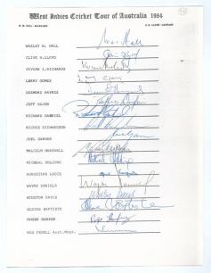 West Indies &lsquo;World Series Cup&rsquo; tour to Australia 1983/84. Official autograph sheet with printed title and player&rsquo;s names, very nicely and fully signed by the seventeen members of the West Indies touring party. Signatures are Lloyd (Cpt), Richards, Dujon,