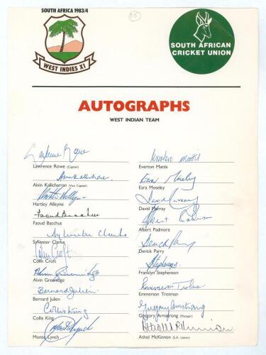 West Indies &lsquo;Rebel&rsquo; tour of South Africa 1983/84. Official autograph sheet signed in ink by all seventeen members of the touring party including Rowe (cot), Alvin Greenidge, Kallicharran, King, Julien, Murray, Bacchus, Croft, Moseley, Mattis, Stephenson, 