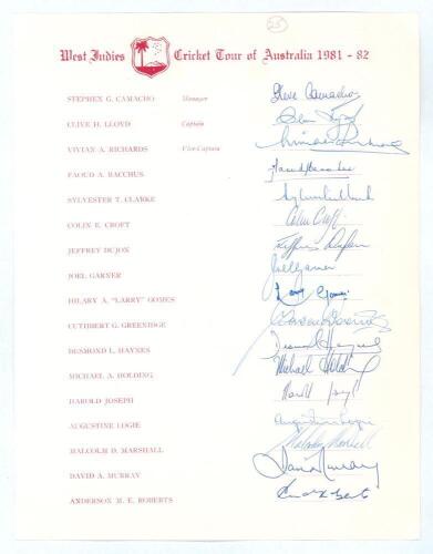 West Indies tour to Australia 1981/82. Rare official autograph sheet with printed title and player&rsquo;s names, very nicely and fully signed by the seventeen members of the West Indies touring party. Signatures are Lloyd (Cpt), Richards, Bacchus, Clarke, Crof