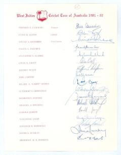 West Indies tour to Australia 1981/82. Rare official autograph sheet with printed title and player&rsquo;s names, very nicely and fully signed by the seventeen members of the West Indies touring party. Signatures are Lloyd (Cpt), Richards, Bacchus, Clarke, Crof