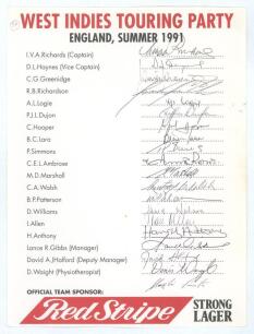 West Indies tour to England 1991. Original autograph sheet with printed title, players&rsquo; names, and sponsor&rsquo;s logo for &lsquo;Red Stripe&rsquo;. Fully signed by the nineteen listed members of the touring party including management and one other being Clayton Lambert, 