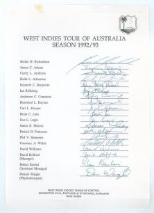 West Indies tour of Australia 1992/93. Official autograph sheet with printed title and players&rsquo; names, fully signed in ink by all nineteen members of the touring party. Signatures are Richardson (Cpt), Adams, Ambrose, Arthurton, Benjamin, Bishop, Cummins,