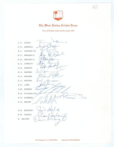 West Indies tour of Sharjah, India & Sri Lanka 1993. Official autograph sheet for the tour fully signed by the touring party and management. Eighteen signatures in ink including Richardson (cpt), Adams, Ambrose, Lara, Haynes, Walsh, Simmons, Hooper, Harpe
