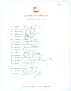 West Indies tour of Sharjah, India & Sri Lanka 1993. Official autograph sheet for the tour fully signed by the touring party and management. Eighteen signatures in ink including Richardson (cpt), Adams, Ambrose, Lara, Haynes, Walsh, Simmons, Hooper, Harpe