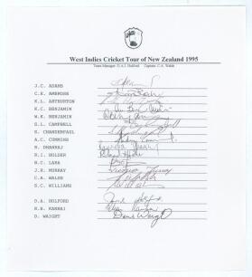 West Indies tour to New Zealand 1995. Official autograph sheet for the Bank of New Zealand one day international series with printed title and players&rsquo; names, fully signed in ink by the seventeen listed members of the West Indies touring party. Signatures