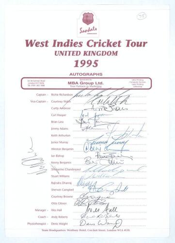West Indies tour of the United Kingdom 1995. Official autograph sheet fully signed in ink by all twenty members of the touring team plus supplementary signature of Vasbert Drake. Signatures include Richardson, Walsh, Lara, Ambrose, Adams, Murray, Benjamin