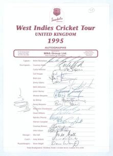 West Indies tour of the United Kingdom 1995. Official autograph sheet fully signed in ink by all twenty members of the touring team plus supplementary signature of Vasbert Drake. Signatures include Richardson, Walsh, Lara, Ambrose, Adams, Murray, Benjamin