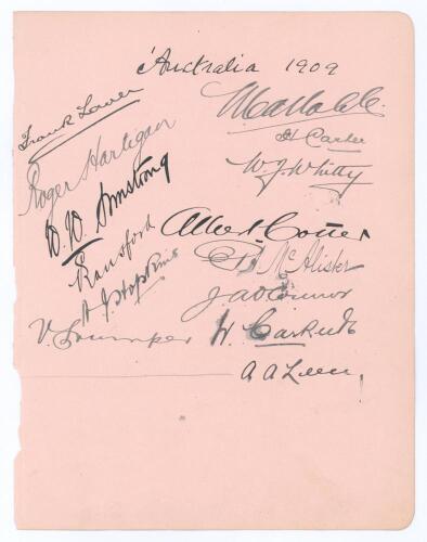 Australia tour to England 1909. Large album page very nicely signed in black ink by thirteen members of the Australian touring party. Signatures are Laver, Noble, Hartigan, Carter, Armstrong, Whitty, Ransford, Cotter, Hopkins, McAlister, O&rsquo;Connor, Trumper