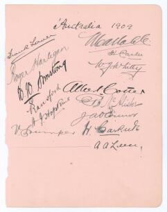 Australia tour to England 1909. Large album page very nicely signed in black ink by thirteen members of the Australian touring party. Signatures are Laver, Noble, Hartigan, Carter, Armstrong, Whitty, Ransford, Cotter, Hopkins, McAlister, O&rsquo;Connor, Trumper