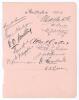 Australia tour to England 1909. Large album page very nicely signed in black ink by thirteen members of the Australian touring party. Signatures are Laver, Noble, Hartigan, Carter, Armstrong, Whitty, Ransford, Cotter, Hopkins, McAlister, O&rsquo;Connor, Trumper