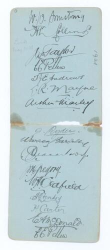 Australia tour to England 1921. Two adjoining small album pages, very nicely and fully signed in black ink by all fifteen playing members of the Australian touring party. Signatures are Armstrong (Captain), Collins, Taylor, Pellew (signed twice), Andrews,