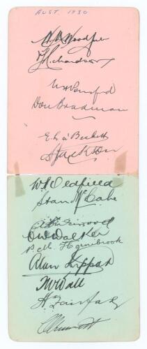 Australia tour to England 1930. Two adjoining small album pages, very nicely and fully signed in black ink by all fifteen playing members of the Australian touring party. Signatures are Woodfull (Captain), Richardson, Ponsford, Bradman, a&rsquo;Beckett, Jackson
