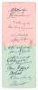 Australia tour to England 1930. Two adjoining small album pages, very nicely and fully signed in black ink by all fifteen playing members of the Australian touring party. Signatures are Woodfull (Captain), Richardson, Ponsford, Bradman, a&rsquo;Beckett, Jackson