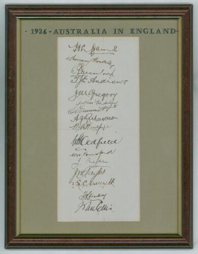 Australia tour to England 1926. Page beautifully and fully signed in black ink by all sixteen playing members of the touring party. Signatures are Collins (Captain), Bardsley, Macartney, Andrews, Gregory, Mailey, Grimmett, Richardson, Woodfull, Oldfield, 