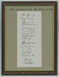 Australia tour to England 1926. Page beautifully and fully signed in black ink by all sixteen playing members of the touring party. Signatures are Collins (Captain), Bardsley, Macartney, Andrews, Gregory, Mailey, Grimmett, Richardson, Woodfull, Oldfield, 