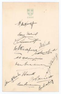 Australia tour to England 1934. A sheet of official Cambridge University Cricket Club letterhead very nicely signed in ink by the Australian team and others who played Cambridge on their third tour match at Fenners on the 9th-11th May 1934. Signatures are