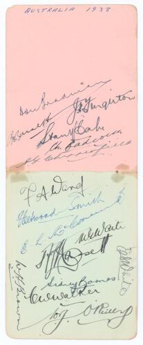 Australia tour to England 1938. Two adjoining small album pages very nicely and fully signed in black and blue inks by all sixteen playing members of the Australian touring party. Signatures are Bradman (Captain), Barnett, Fingleton, McCabe, Badcock, Chip