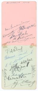 Australia tour to England 1938. Two adjoining small album pages very nicely and fully signed in black and blue inks by all sixteen playing members of the Australian touring party. Signatures are Bradman (Captain), Barnett, Fingleton, McCabe, Badcock, Chip