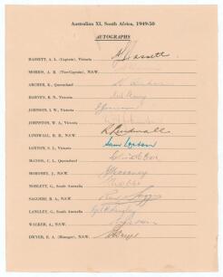 Australian tour of South Africa 1949/50. Rarer official autograph sheet with printed title and players&rsquo; names signed in ink by all fifteen original listed members of the touring party. Signatures are Hassett (Captain), Morris, Archer, Harvey, Johnson, Joh