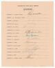 Australian tour of South Africa 1949/50. Rarer official autograph sheet with printed title and players&rsquo; names signed in ink by all fifteen original listed members of the touring party. Signatures are Hassett (Captain), Morris, Archer, Harvey, Johnson, Joh
