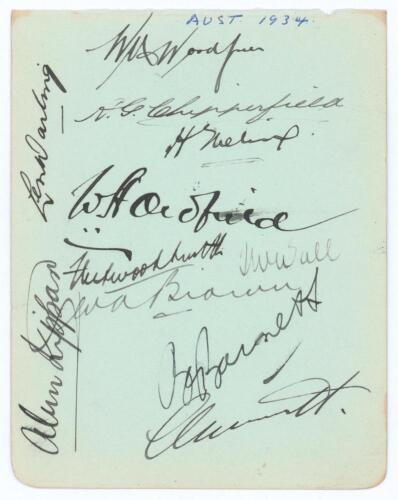 Australia tour to England 1934. Small album page very nicely signed in black ink by eleven members of the Australian touring party. Signatures are Woodfull (Captain), Chipperfield, Ebeling, Oldfield, Fleetwood-Smith, Wall, Brown, Barnett, Grimmett, Kippax