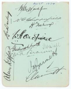 Australia tour to England 1934. Small album page very nicely signed in black ink by eleven members of the Australian touring party. Signatures are Woodfull (Captain), Chipperfield, Ebeling, Oldfield, Fleetwood-Smith, Wall, Brown, Barnett, Grimmett, Kippax