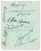 Australia tour to England 1934. Small album page very nicely signed in black ink by eleven members of the Australian touring party. Signatures are Woodfull (Captain), Chipperfield, Ebeling, Oldfield, Fleetwood-Smith, Wall, Brown, Barnett, Grimmett, Kippax