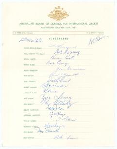 Australian tour to England 1961. Official Australian Board of Control autograph sheet with printed title and players&rsquo; names, fully signed in ink by all nineteen members of the touring party. Signatures are Benaud (Captain), Harvey, Booth, Burge, Davidson,