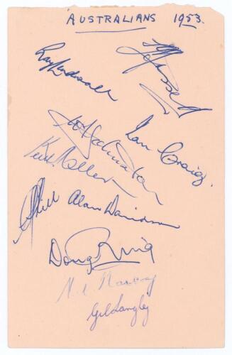 Australia tour to England 1953. Album page nicely signed in blue ink by ten playing members of the Australian touring party. Signatures are Hassett (Captain), Lindwall, Craig, Johnston, Miller, Davidson, Hill, Ring, Harvey and Langley. Very good condition