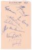 Australia tour to England 1953. Album page nicely signed in blue ink by ten playing members of the Australian touring party. Signatures are Hassett (Captain), Lindwall, Craig, Johnston, Miller, Davidson, Hill, Ring, Harvey and Langley. Very good condition