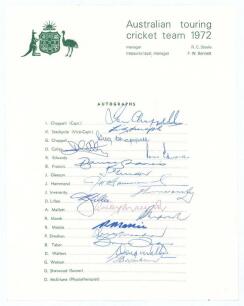 Australia tour to England 1972. Official autograph sheet with printed title and players&rsquo; names, fully signed in ink by all seventeen playing members of the touring party. Signatures are I. Chappell (Captain), Stackpole, G. Chappell, Colley, Edwards, Franc