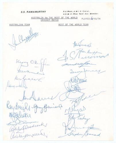 Australia v Rest of the World 1974/75. Unusual autograph sheet on the official letterhead of the collector S.S. Ramamurthy. Signed in blue biro by the twelve members of the Australian team and twelve of the Rest of the World for the one day match played a