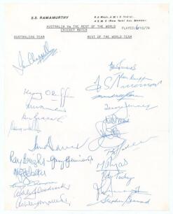 Australia v Rest of the World 1974/75. Unusual autograph sheet on the official letterhead of the collector S.S. Ramamurthy. Signed in blue biro by the twelve members of the Australian team and twelve of the Rest of the World for the one day match played a