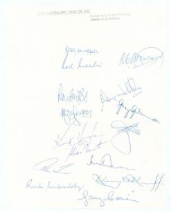 Australia tour of New Zealand 1976/77. Autograph sheet, with stamped heading &lsquo;1977 Australian Tour of New Zealand&rsquo; to top border, fully signed by all fifteen members of the touring party. Signatures are G. Chappell (Captain), Marsh, Bright, Walters, Walke